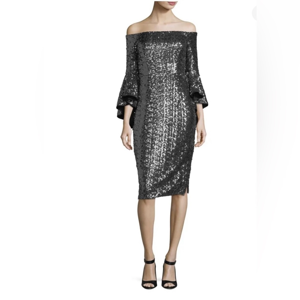 NWOT BEBE Off The Shoulder Metallic Bell Sleeves Dress